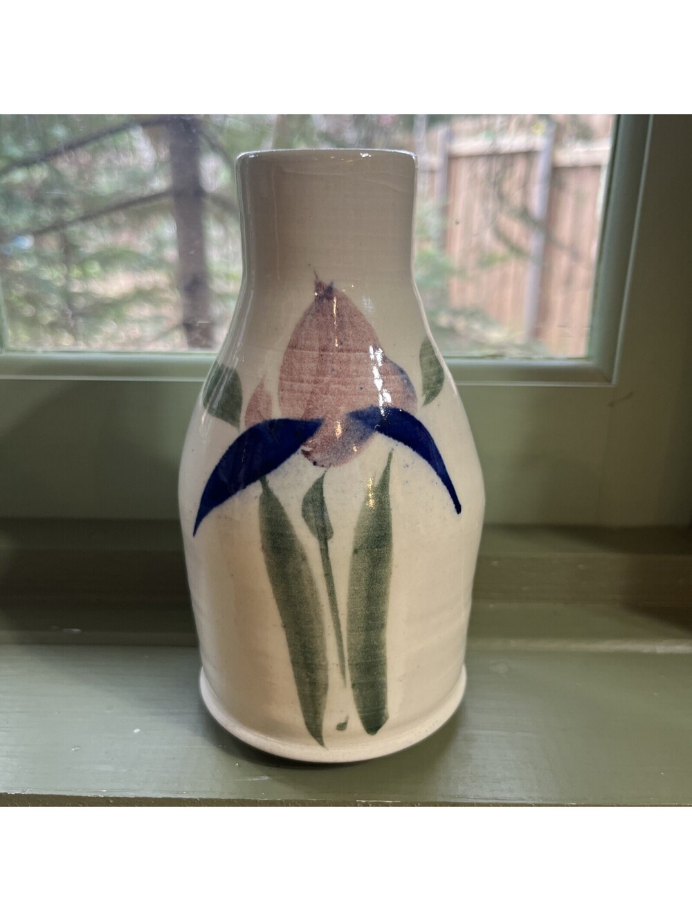 VTG Handmade Bud Vase Or Milk Jar Hand Painted Pink Floral Pottery Stoneware